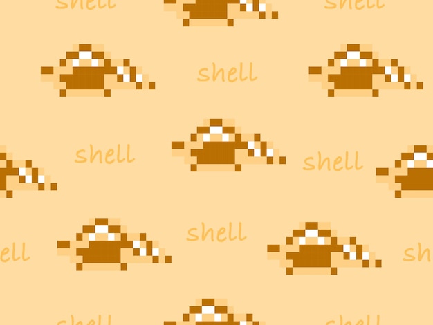 Shell cartoon character seamless pattern on yellow backgroundPixel style