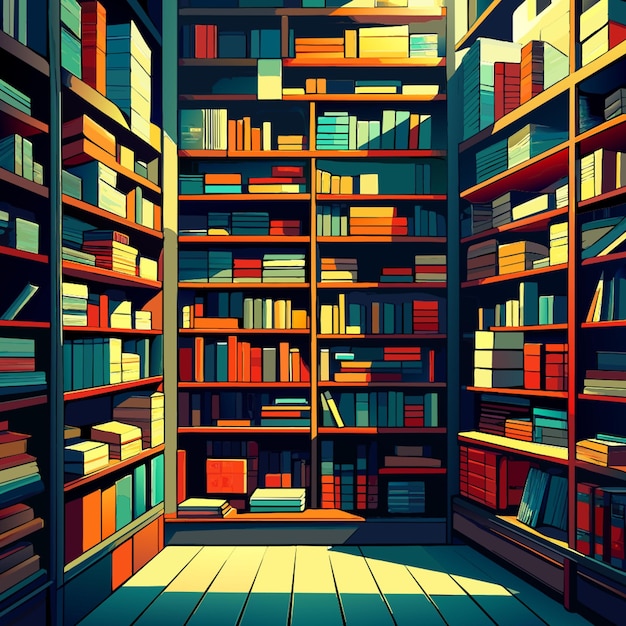 shelves packed full with lots of old books vector illustration flat 2