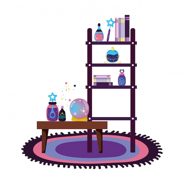 Shelving and table with magic potion bottles