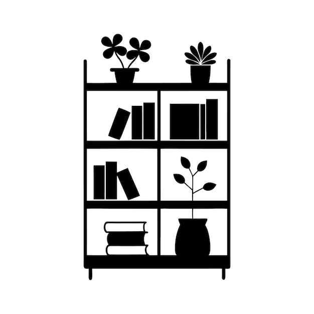 Vector shelving unite on silhouette with a bookcase with flowers and books