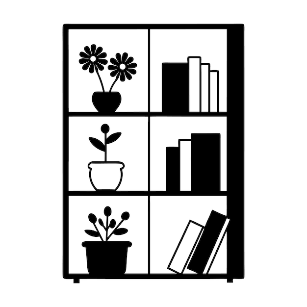 Vector shelving unites on silhouette with a bookcase with flowers and books