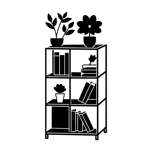 Vector shelving unites on silhouette with a bookcase with flowers and books