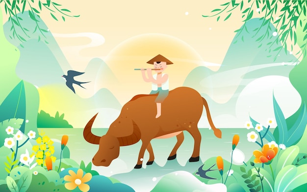 Shepherd boy rides on a yellow ox with mountains and plants in the background, vector illustration