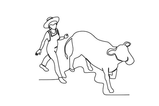 A shepherd herds a cow Farmer and cattle oneline drawing