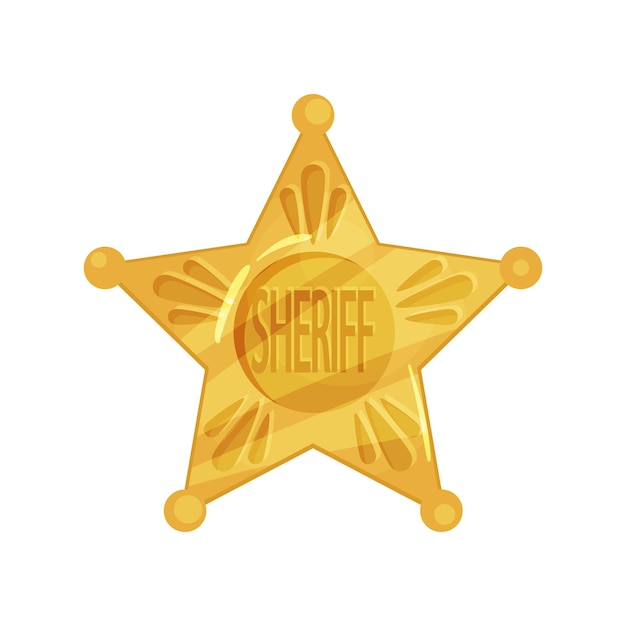 Vector sheriff s golden badge isolated on white background. vintage yellow icon shape of five-pointed star. policeman emblem. cop token. police icon in cartoon style. flat design vector illustration.