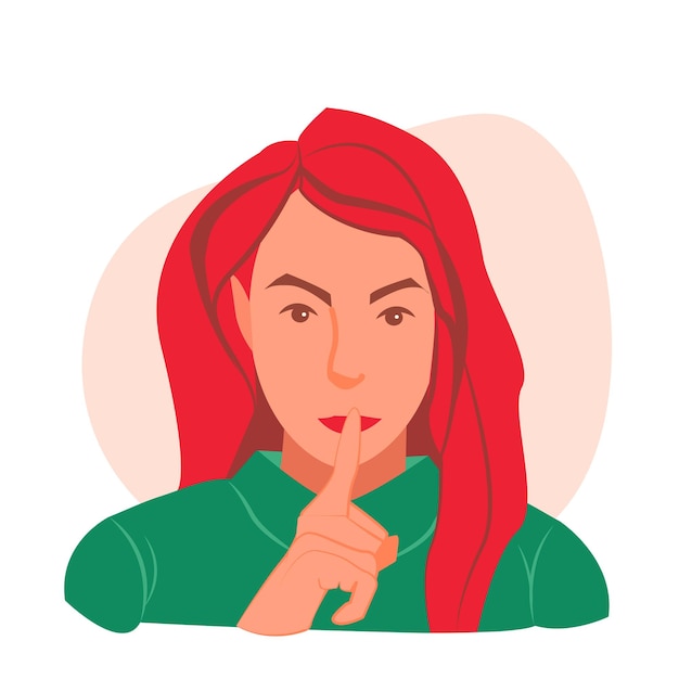 Vector shhh. woman keeps finger on lips, demonstrates silence sign, has a secret