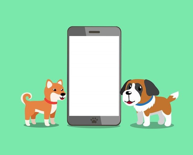 Shiba inu dog and saint bernard dog with smartphone