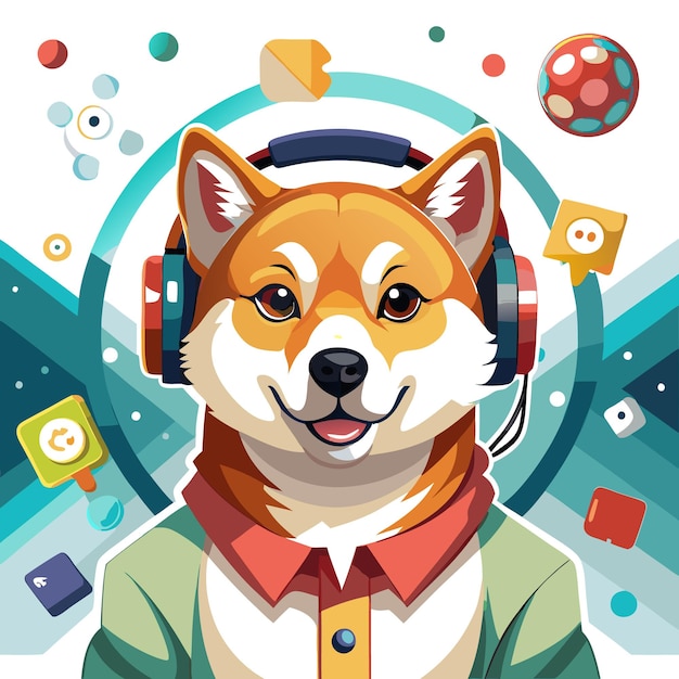 Vector a shiba inu dog wearing headphones and a green and yellow shirt against a colorful background