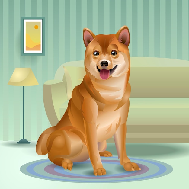 Shiba Inu is sitting on the carpet. Japanese Dog in the house