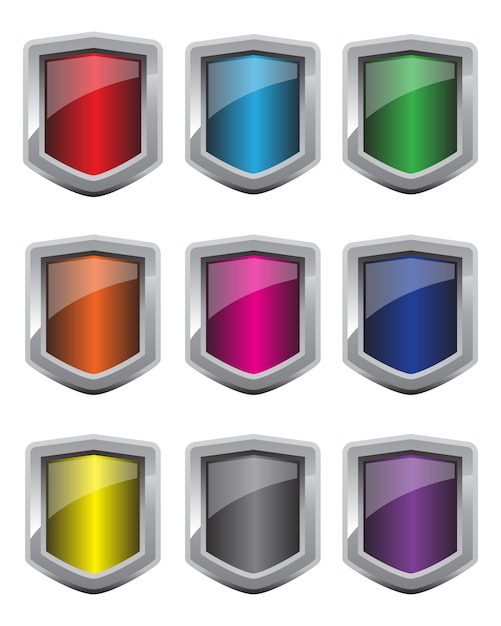 Shield button icon set. Glossy chrome metallic shields