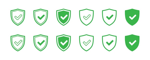 Shield and Check Mark Icon set Flat vector illustration