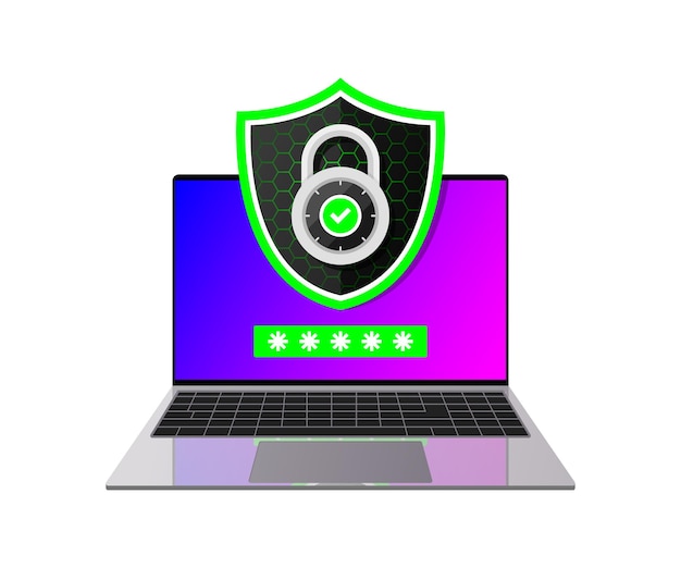 Shield on Computer Desktop or laptop protect sensitive data. Internet security