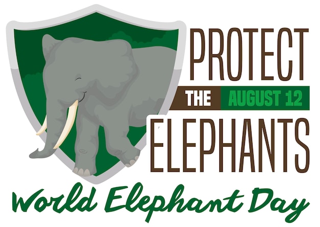 Shield and elephant inside of it symbolizing protection of this animals in the World Elephant Day