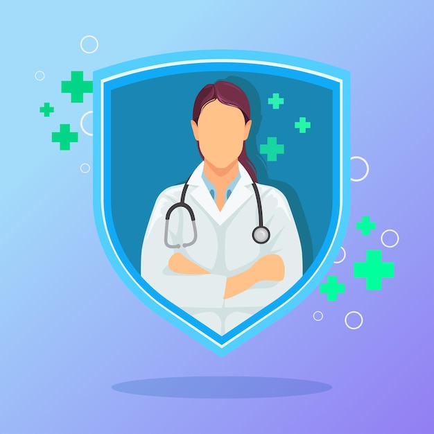 Shield and female doctor, logo design vector illustration