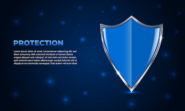 Shield protection. Glowing futuristic security shield on dark blue background with highlights.