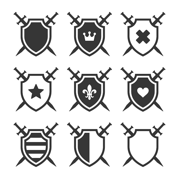 Shield with Crossing Swords and Heraldic Emblem Set.