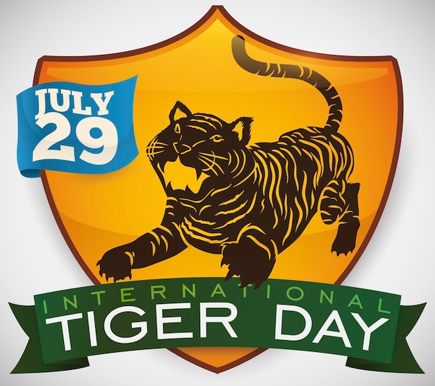 Shield with tiger silhouette and ribbons for International Tiger Day celebration on July 29