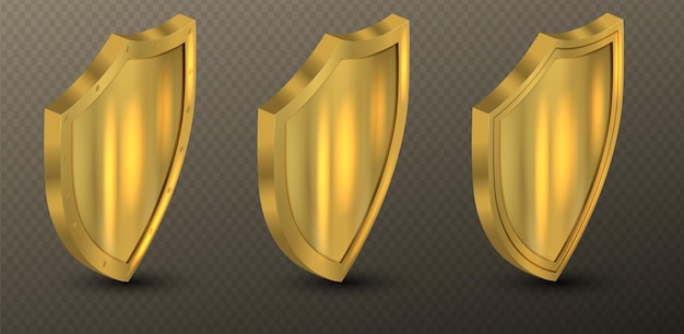 Vector shields with reflection in shiny gold frames set realistic isolated golden trophy d luxury safety