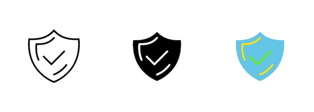 A shieldshaped icon featuring a checkmark representing accomplishment safety and security Vector set of icons in line black and colorful styles isolated