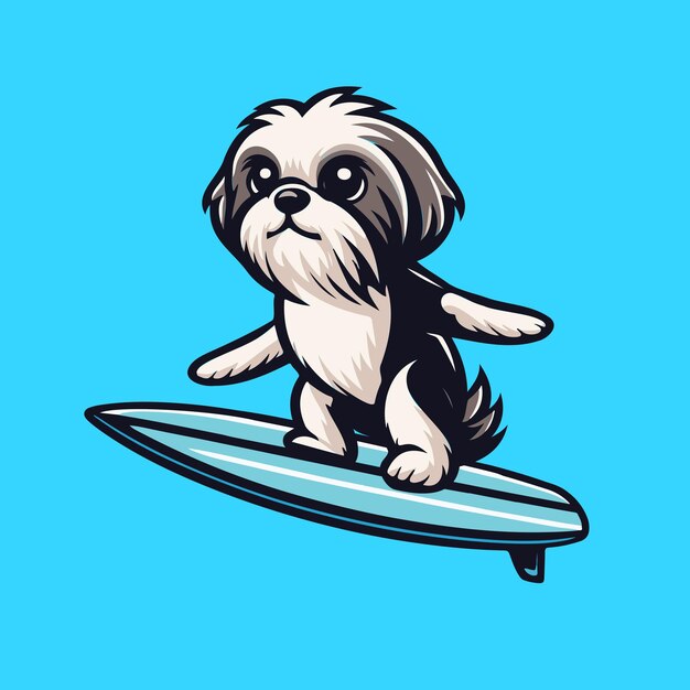 Vector shih tzu dog playing surfboards dog surfing vector illustration