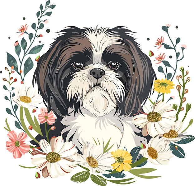 Vector shih tzu dog vintage flowers artistic blooming vector illustration