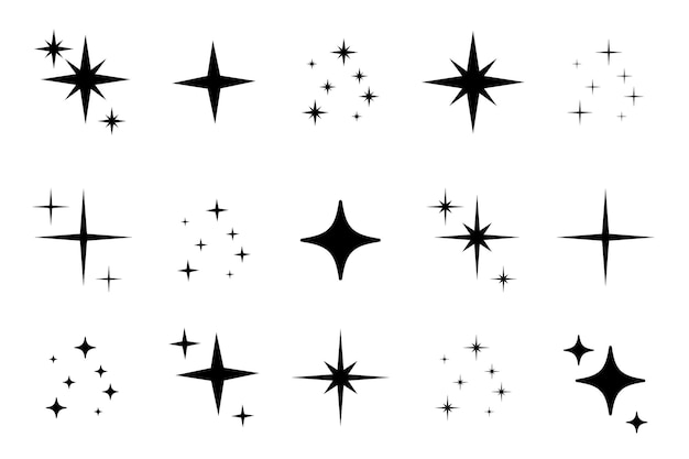 Shine sparkle star icon set. Twinkle star black silhouette for sparkle, glitter light, magic flare effect. Isolated vector illustration.