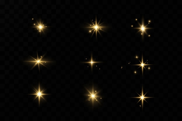 Shining golden stars isolated  . Effects, glare, lines, glitter, explosion, golden light.   illustration.