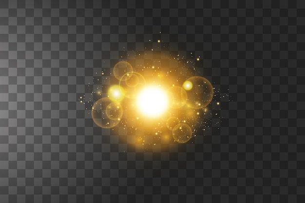 Shining golden stars isolated. Effects, glare, lines, glitter, explosion, golden light