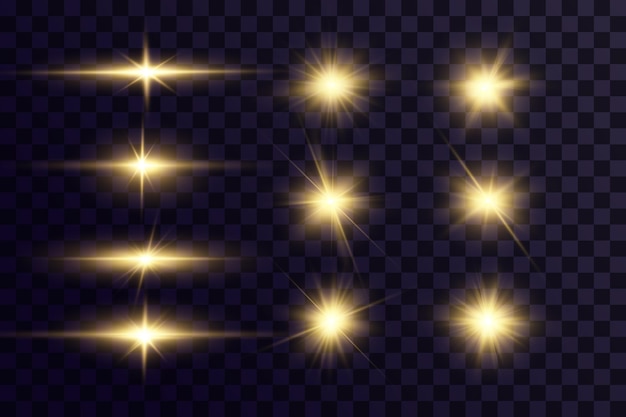 Shining golden stars. Light effects, glare, bokeh, glitter, explosion, golden light. Vector.