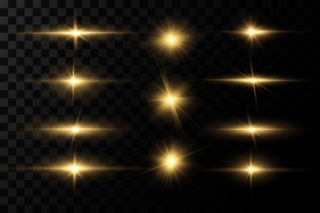 Shining golden stars. Light effects, glare, bokeh, glitter, explosion, golden light. Vector