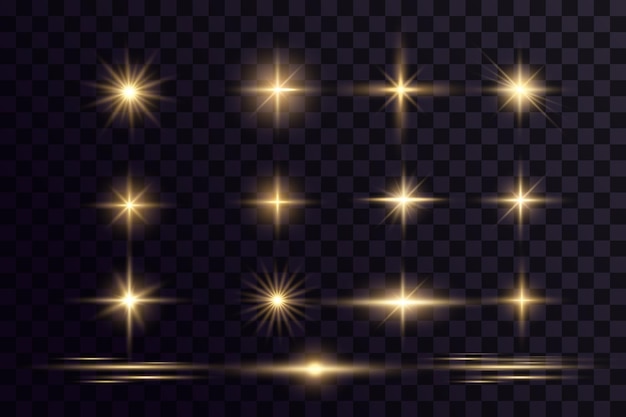 Shining golden stars. Light effects, glare, bokeh, glitter, explosion, golden light. Vector