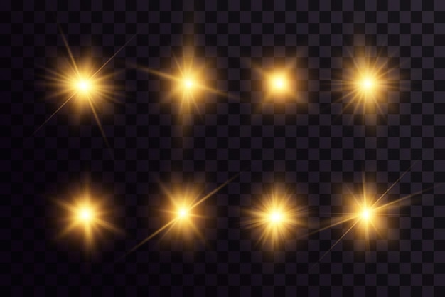 Shining golden stars. Light effects, glare, bokeh, glitter, explosion, golden light. Vector.