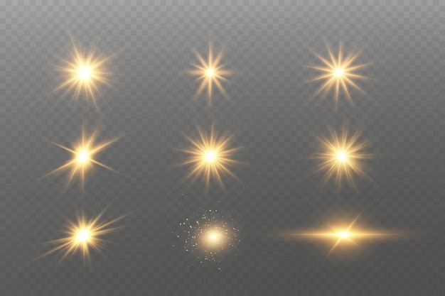 Shining golden stars Light effects glare glitter explosion golden light Vector illustration