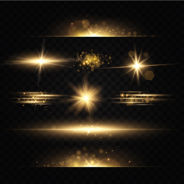 Shining golden stars Light effects glare glitter explosion golden light Vector illustration