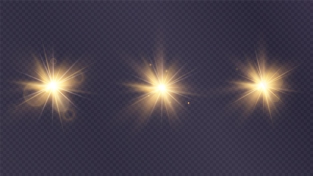 Shining golden stars. Light effects, glare, glitter, explosion, golden light. Vector illustration