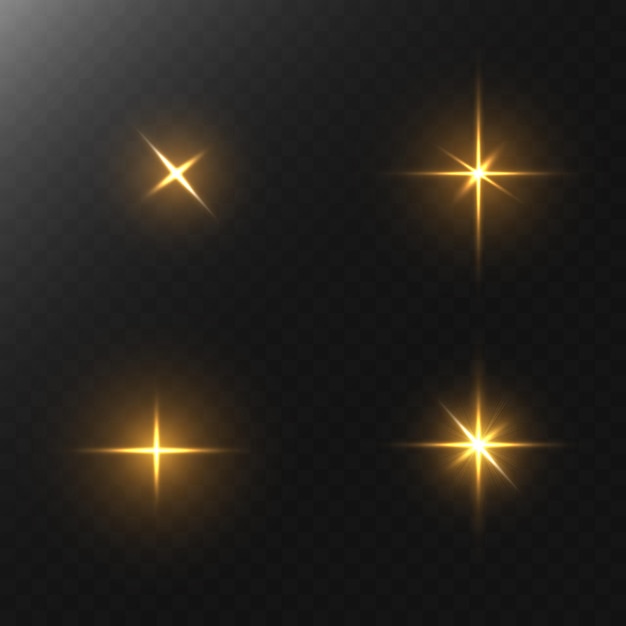 Shining light effects isolated on transparent background, glare, lines, golden light particles. 
