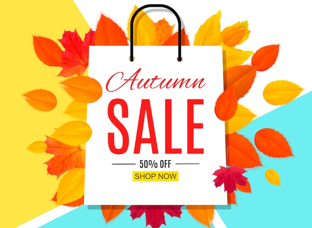 Shiny Autumn Leaves Sale Banner. Business Discount Card.   