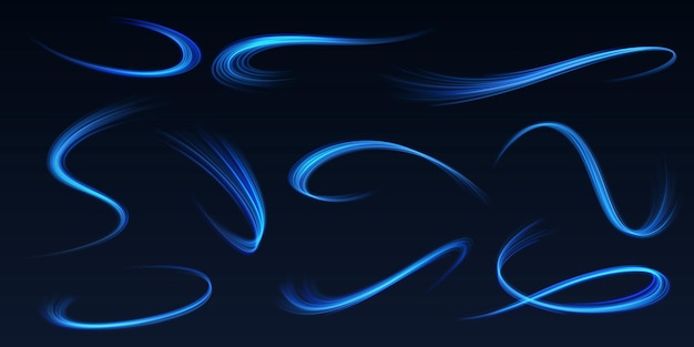 Shiny blue light lines realistic vector illustration set