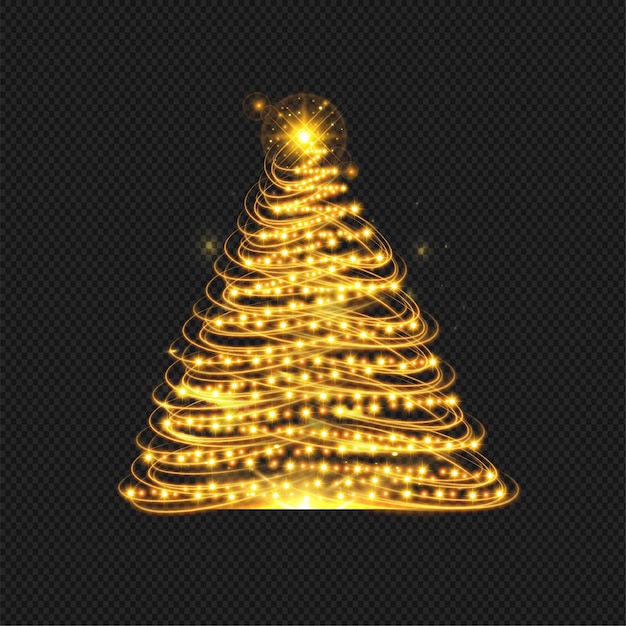 Shiny Christmas tree. Glitter gold particles shine effect on png background. Magical light dust,