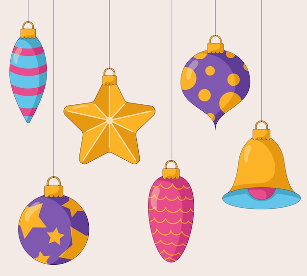 Shiny Christmas tree toys in various shapes and colours in a flat style isolated on a beige