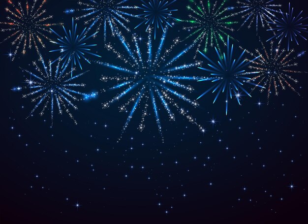 Vector shiny fireworks on dark blue background illustration