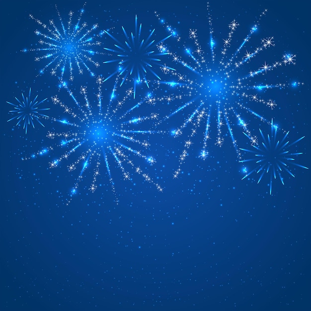 Vector shiny fireworks with stars on blue background, illustration.