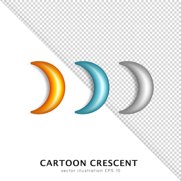 Shiny golden, cyan and silver 3D crescents. Glossy cartoon yellow, blue and grey crescent moon