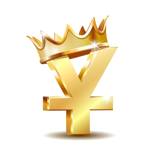 Shiny golden Yuan currency symbol with golden crown. Concept of investment, marketing or savings. Power, luxury and wealth. Vector illustration isolated on white background