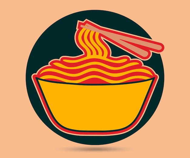 Shiny orange bowl with chopsticks noodles logo illustration, asian food noodle bowl in flat design