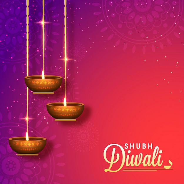 Shiny Shubh Diwali background with hanging 3D Oil Lamps.