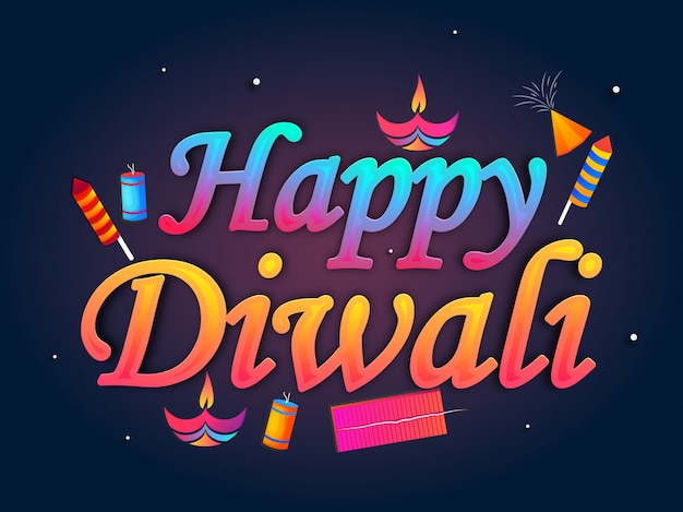 Shiny text Happy Diwali with illuminated oil lit lamp and fire crackers on blue background.