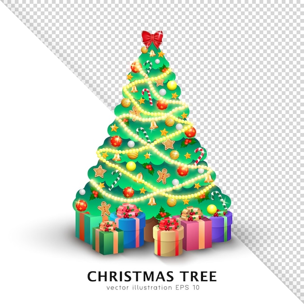 Shiny vector Christmas tree with decorations and gift boxes isolated on transparent background