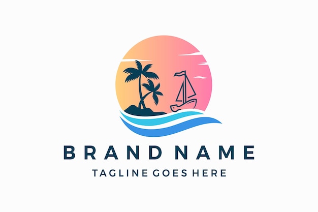 ship beach logo design sunset palm tree coconut tree vector template