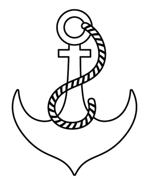 Ship black and white anchor icon Line water boat element illustration Outline pirate vessel picture or coloring page isolated on white background Marine concept with hard rope